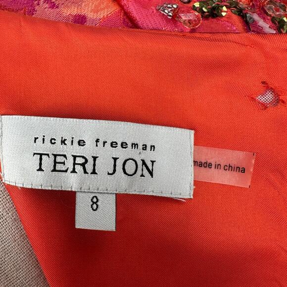 Rickie Freeman Teri Jon Orange Short Sleeve Floral Beaded V-Neck Dress Size 8 - Picture 5 of 10